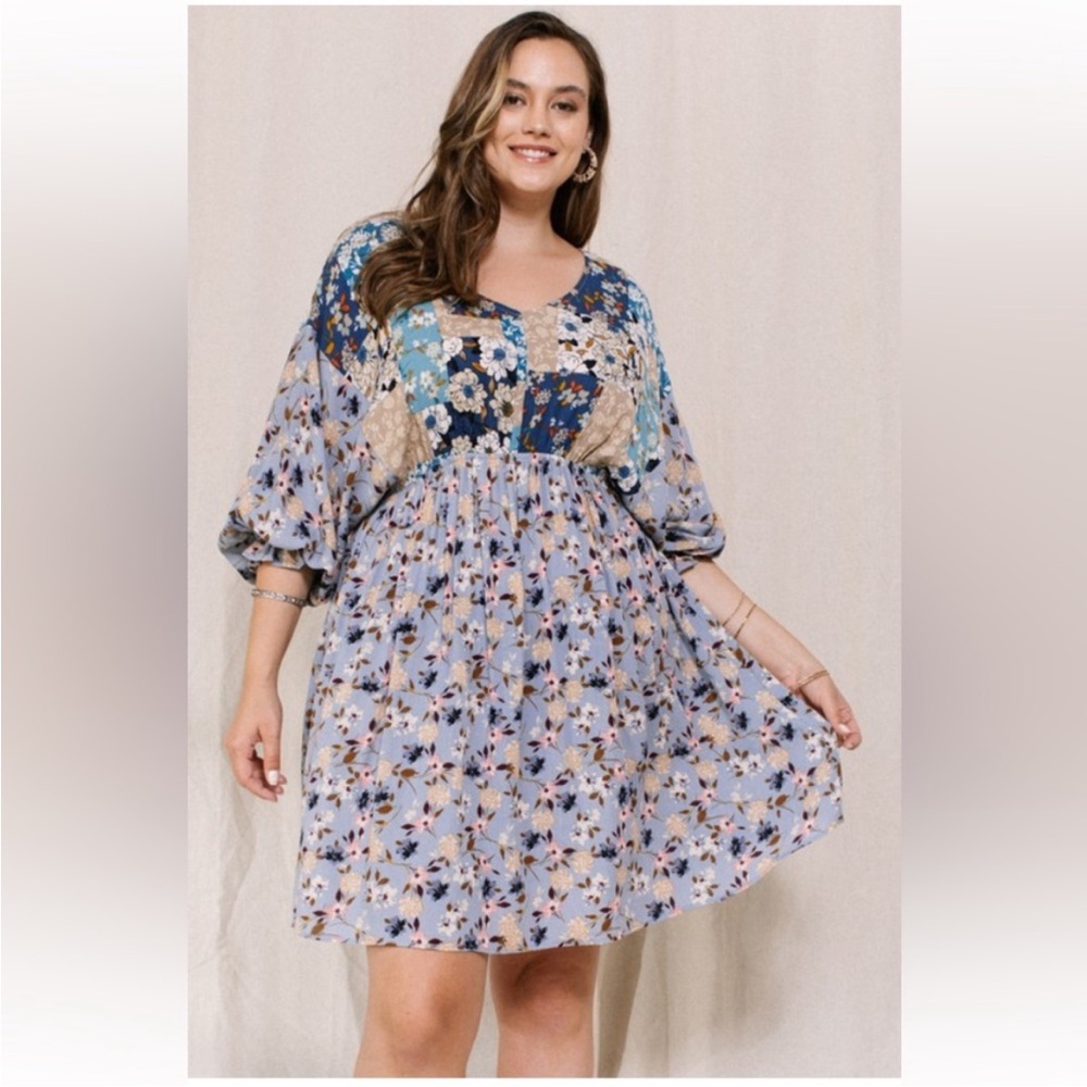 Oddi Patchwork Floral Printed V-Neck Mini Babydoll Dress Ruffle 3/4 Sleeves 1X